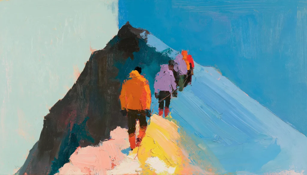 Pop-art painting of a mountain guide in a gold jacket leading a roped team of climbers up a snowy ridge, seen from above, illustrating a fractional CMO leading an ecommerce team through the hard stretch