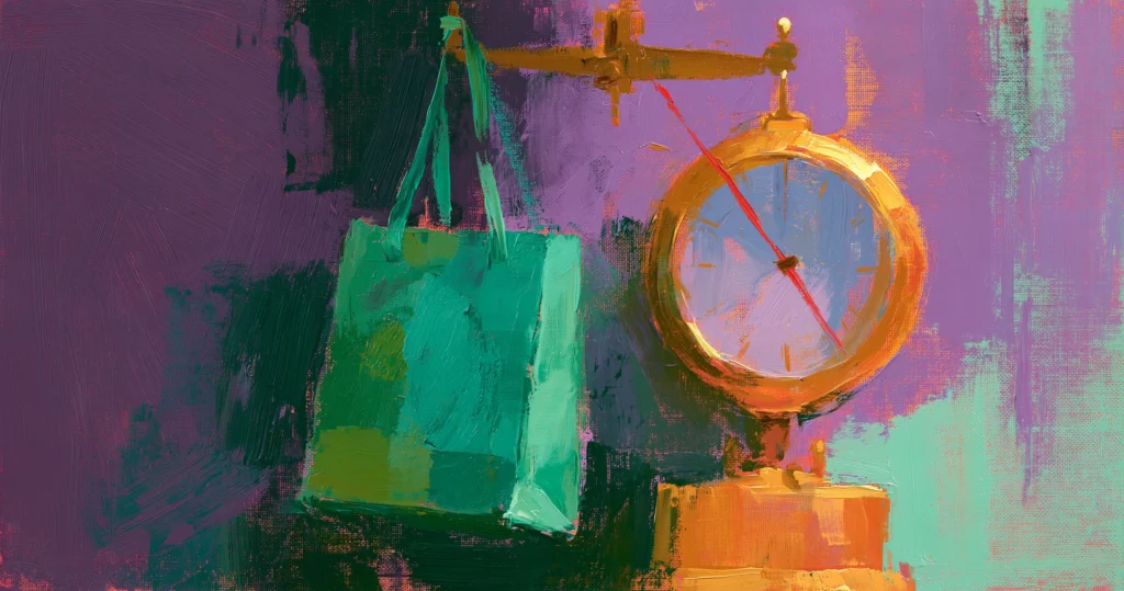 Pop-art painting of a green shopping bag hanging from a brass scale.